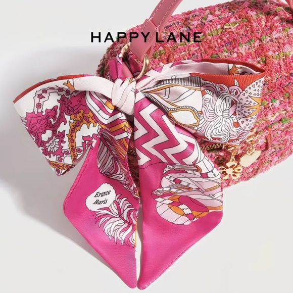 NWT Pink Tweed Vanity Case Bag Chain Strap Silk Scarf Happy Lane - Picture 10 of 14